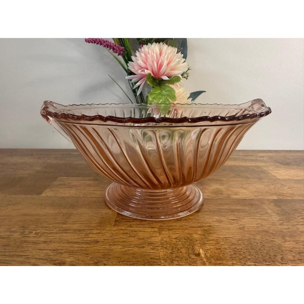Vintage Pink Depression Glass Pedestal Bowl Large Serving Ribbed Swirl Glass